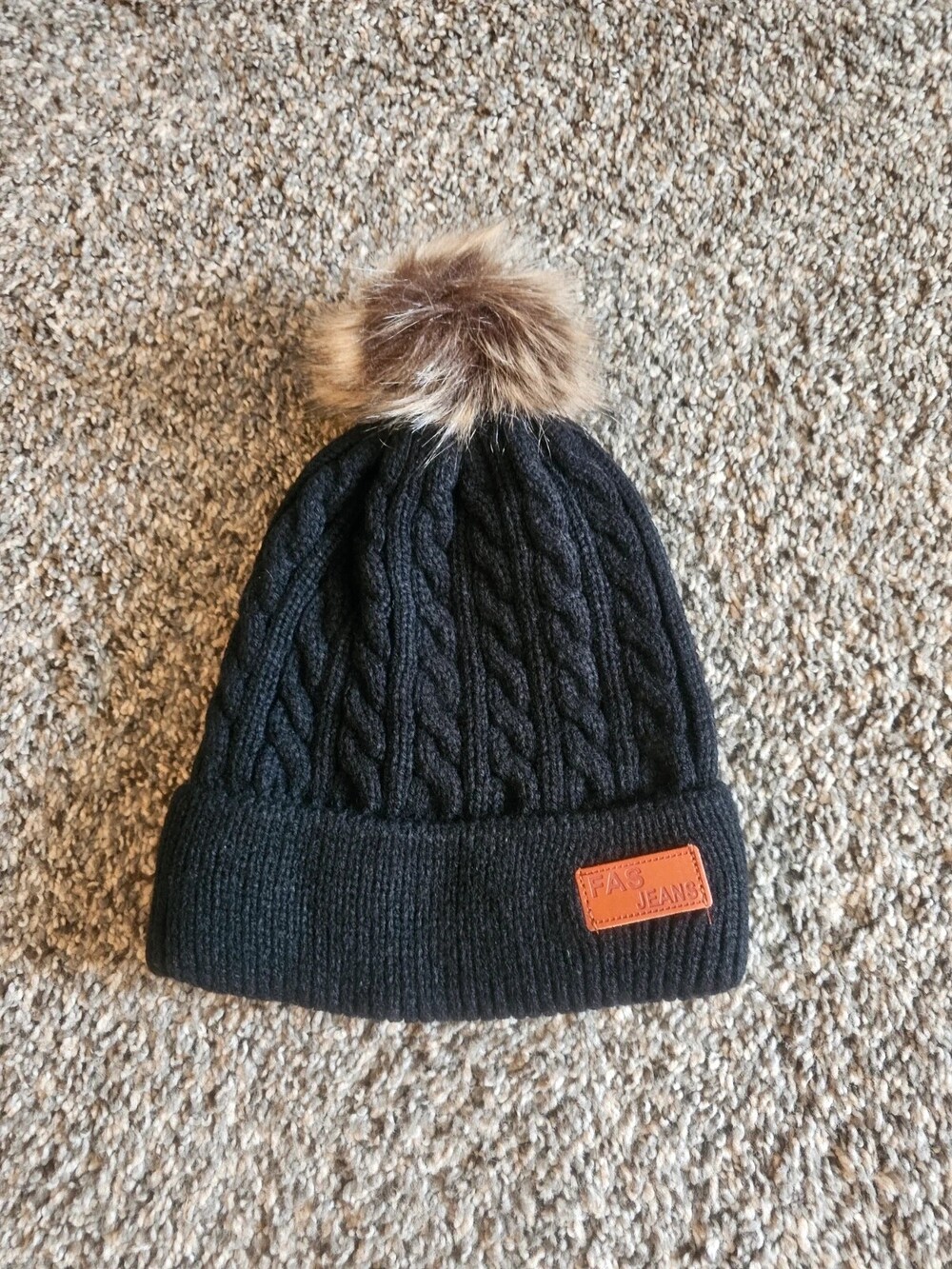 FAS Jeans Black Cable Knit Winter Beanie Hat with Faux Fur Pom Pom
